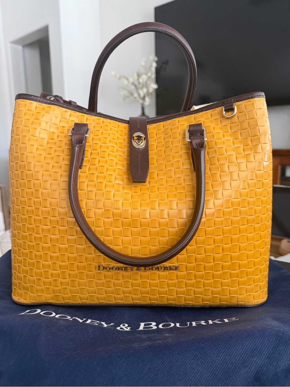 DOONEY & BOURKE | Claremont Woven Embossed Perry Satchel — Mustard / Brown trim✨